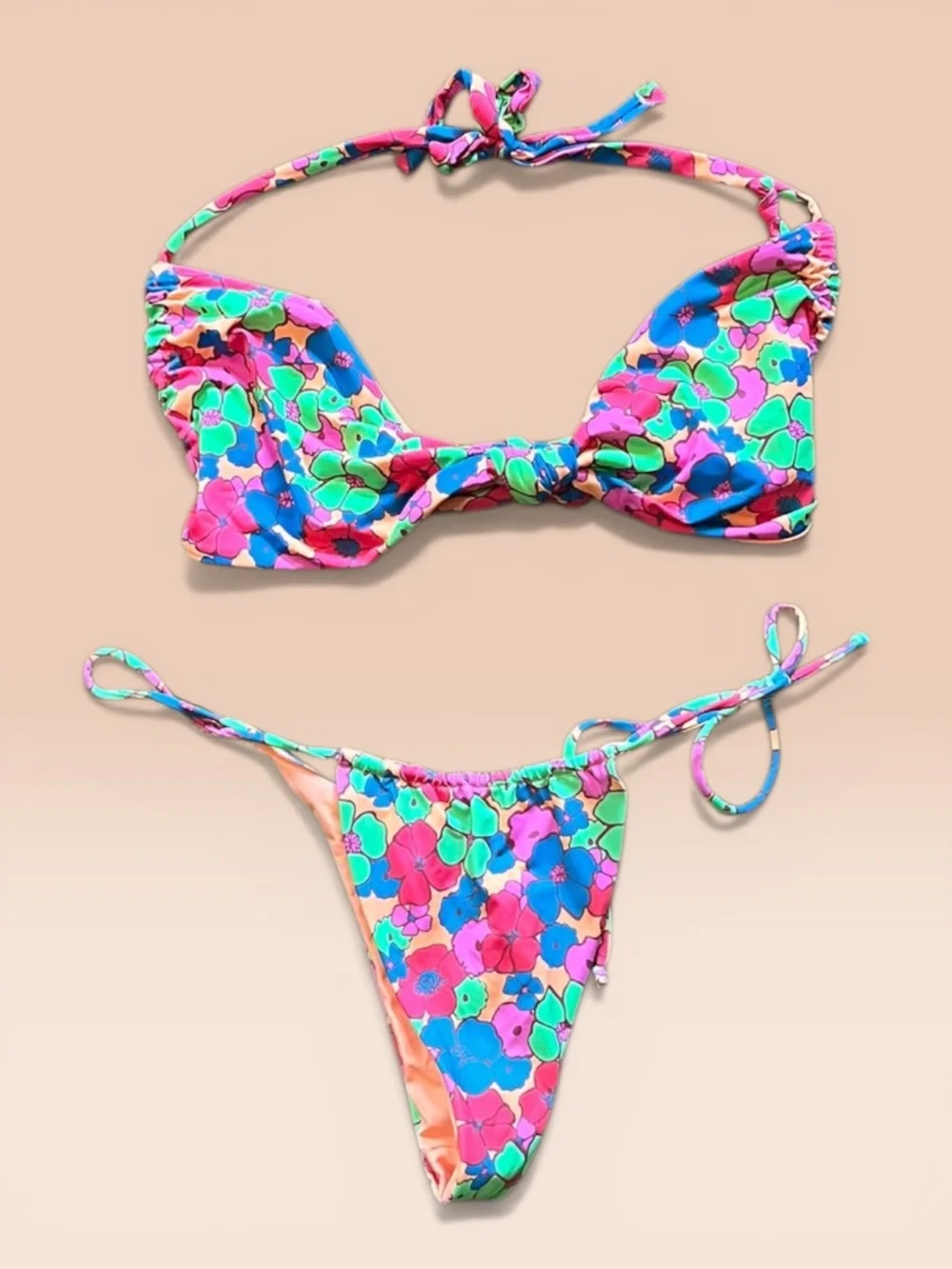 Frankies Bikinis Floral 2 Piece Bikini Set L Top M Brazilian Bottom Retro